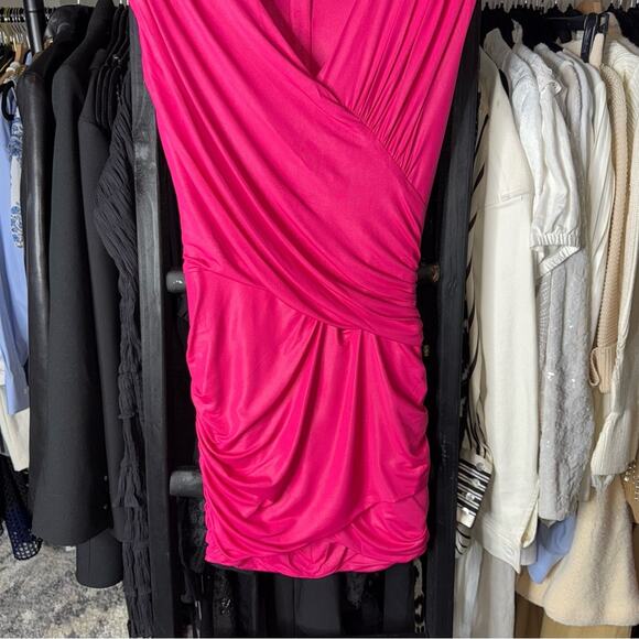 Balmain Fuchsia Ruched Mini Dress Metallic Shine V-Neck Pointed Shoulder - Picture 8 of 16